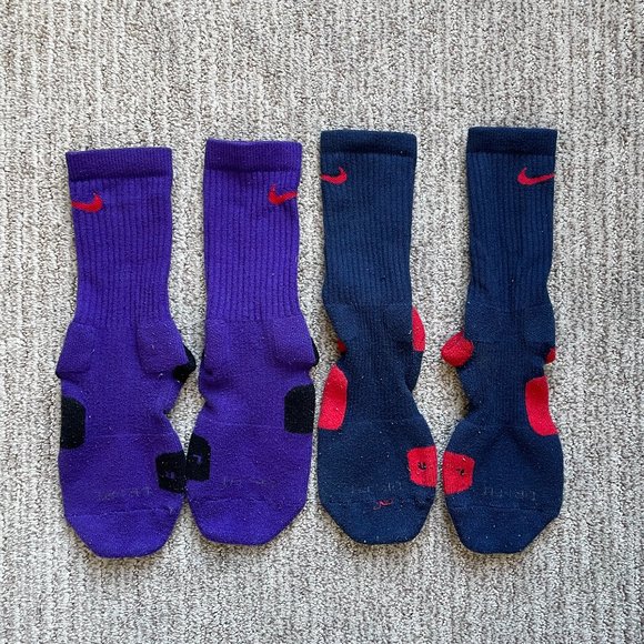 Lot of 2 pairs Men's Medium 6-8 Nike Elite Basketball Crew Socks Blue Purple - Picture 1 of 3